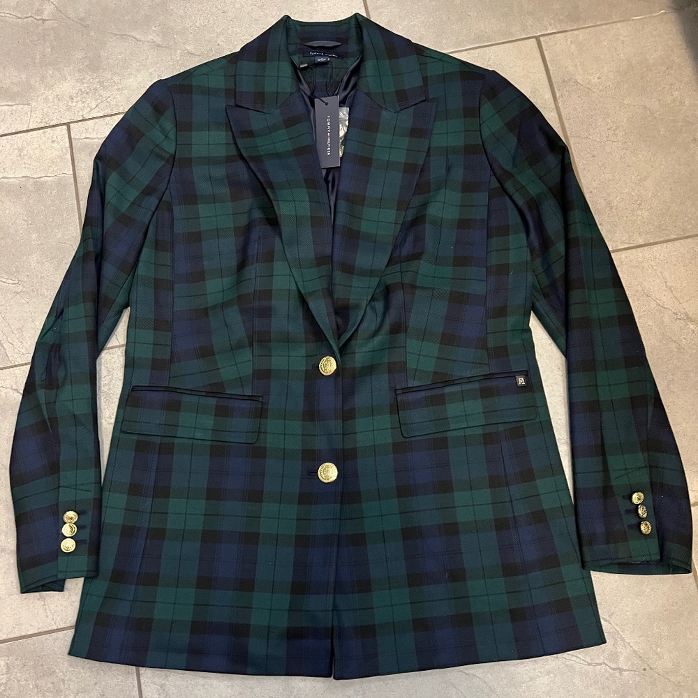 Tommy Hilfiger Oversized Green Navy Plaid Single-Breasted Blazer